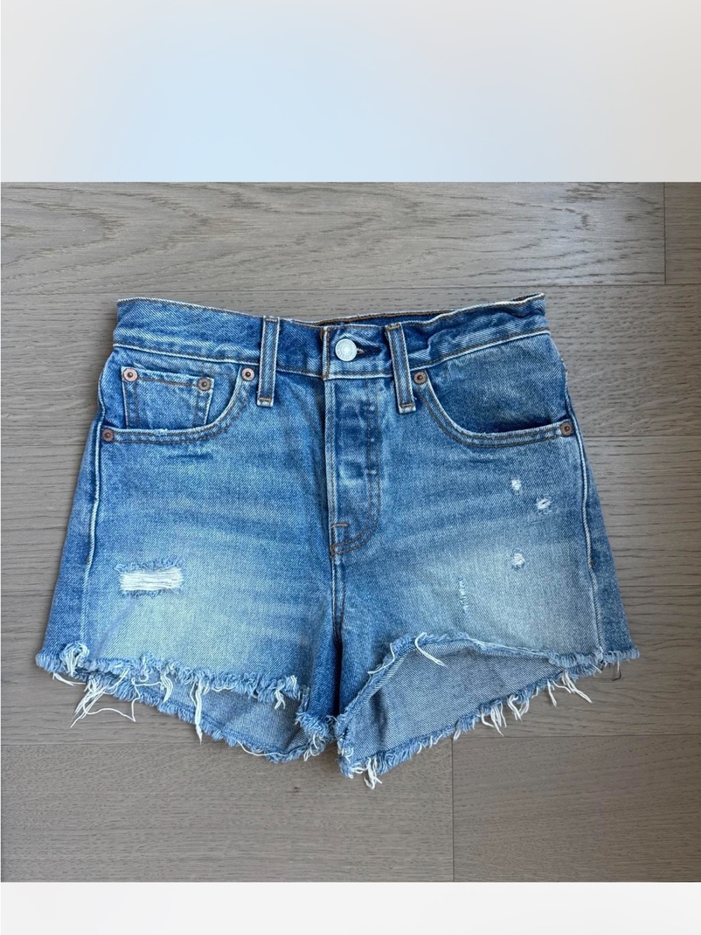 Levi's Light Blue Distressed High-Rise Denim Shorts